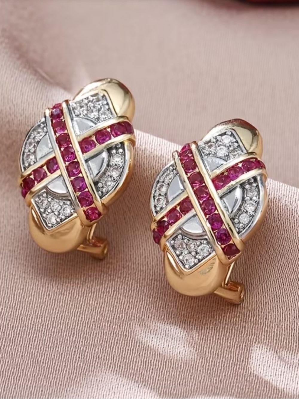 Elegant 2 tone silver Gold & Ruby CZ omega back Earrings NEW